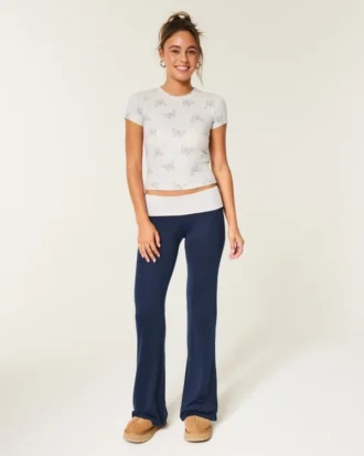 Always Cozy gebreide broek met omgeslagen taille en wijde pijpen