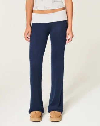 Always Cozy gebreide broek met omgeslagen taille en wijde pijpen