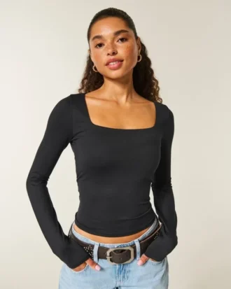 Baby-T-shirt met lange mouwen, naadloze stof en vierkante hals