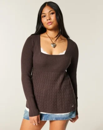 Babydoll met lange mouwen en vierkante hals