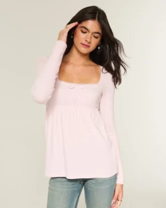 Babydoll-top met lange mouwen en eenvoudige kanten rand