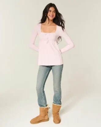 Babydoll-top met lange mouwen en eenvoudige kanten rand