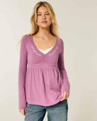 Babydoll-top met lange mouwen en geplooide buste