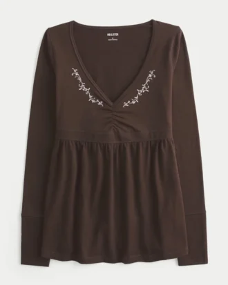 Babydoll-top met lange mouwen en geplooide buste