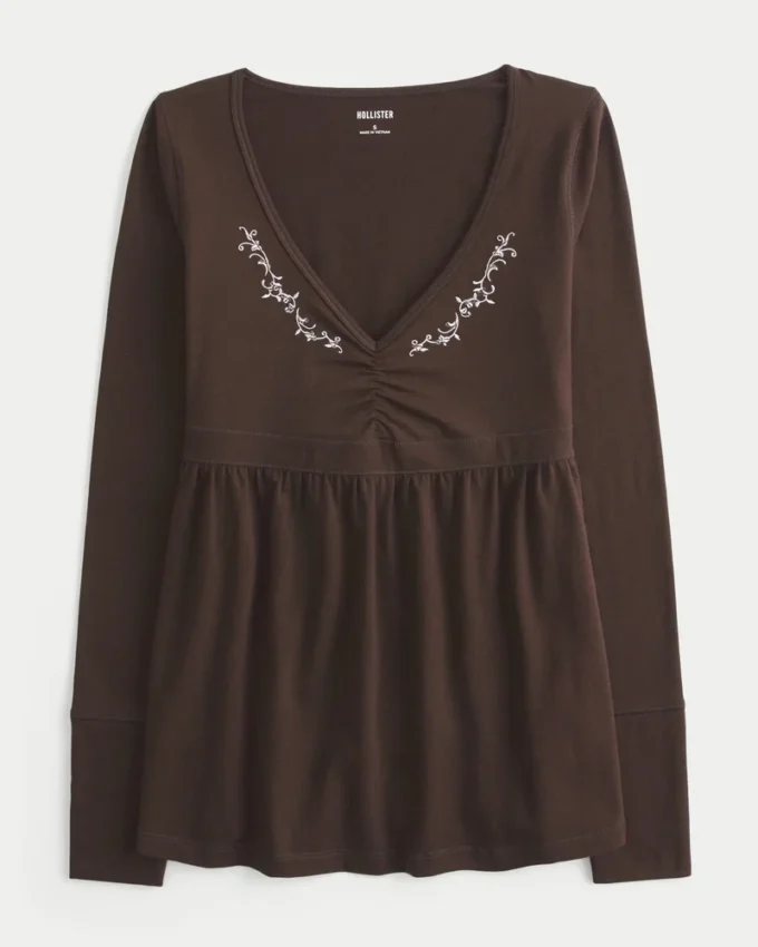 Babydoll-top met lange mouwen en geplooide buste Babydoll-top met lange mouwen en geplooide buste