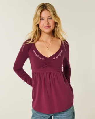 Babydoll-top met lange mouwen en geplooide buste