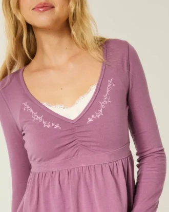 Babydoll-top met lange mouwen en geplooide buste