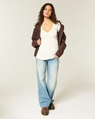 Babydoll-top met lange mouwen en geplooide buste