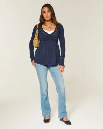 Babydoll-top met lange mouwen en geplooide buste