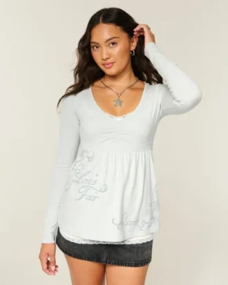 Babydoll-top met lange mouwen, grafische print en geplooide buste