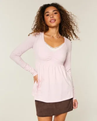 Babydoll-top met lange mouwen, grafische print en geplooide buste