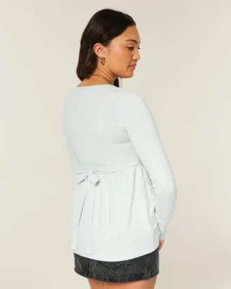 Babydoll-top met lange mouwen, grafische print en geplooide buste