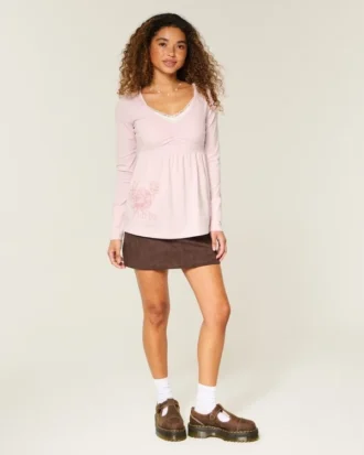 Babydoll-top met lange mouwen, grafische print en geplooide buste