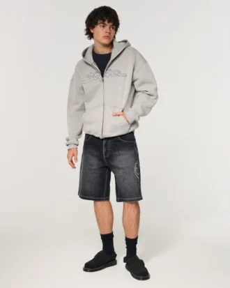 Baggy denim short met dubbele print