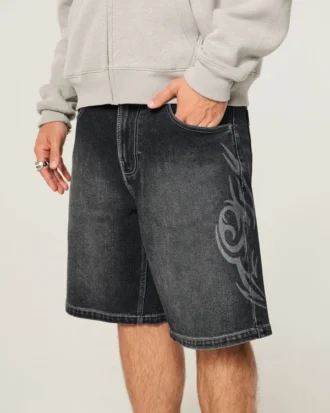 Baggy denim short met dubbele print