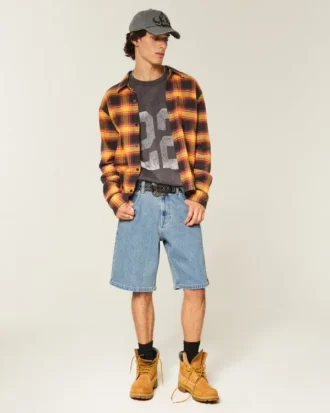 Baggy denim short met geborduurd logo