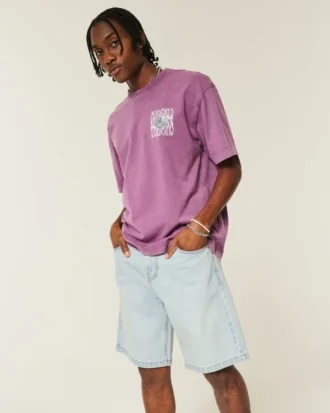 Baggy denim short met kettingborduursel