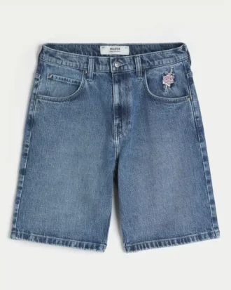 Baggy denim short met rozenprint