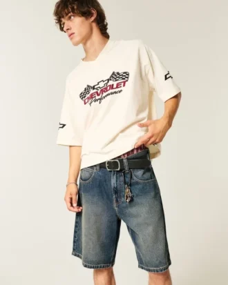 Baggy denim short met slangengrafiek