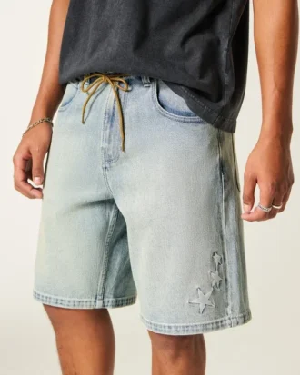 Baggy geborduurde denim short met sterren