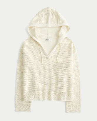 Beachy crochet-stijl trui met capuchon en V-hals