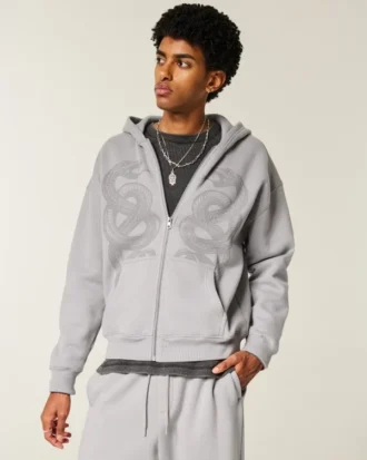 Boxy hoodie met ritssluiting en dubbele slangengrafiek