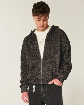 Boxy hoodie met ritssluiting en luipaardprint