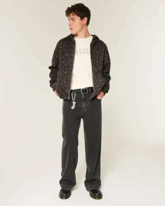 Boxy hoodie met ritssluiting en luipaardprint