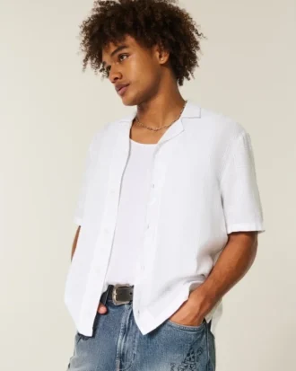 Boxy linnenmix shirt met korte mouwen en textuur