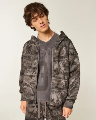 Boxy thermisch gevoerde camouflage hoodie met ritssluiting