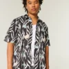Boxy tropisch vispatroon linnenmix shirt