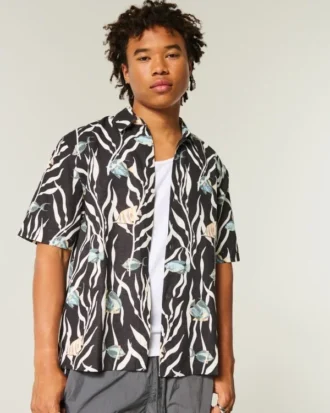 Boxy tropisch vispatroon linnenmix shirt