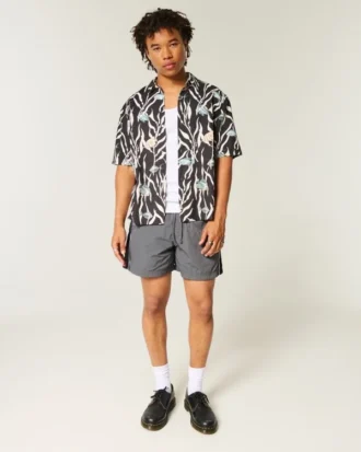 Boxy tropisch vispatroon linnenmix shirt
