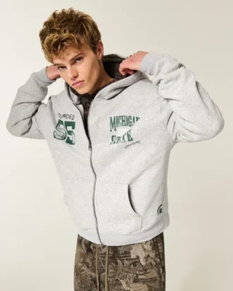 Boxy Zip-Up Michigan State University Spartans Graphic Hoodie