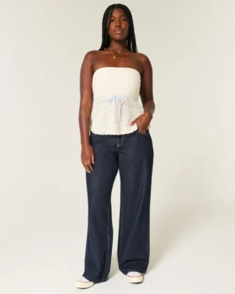 Curvy laag uitgesneden donkerblauwe baggy jeans met omgeslagen tailleband