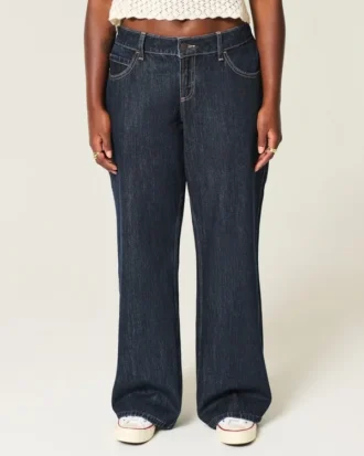 Curvy laag uitgesneden donkerblauwe baggy jeans met omgeslagen tailleband
