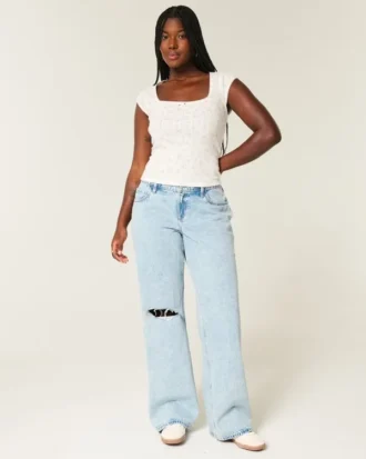 Curvy laag uitgesneden gescheurde lichtgewassen baggy jeans