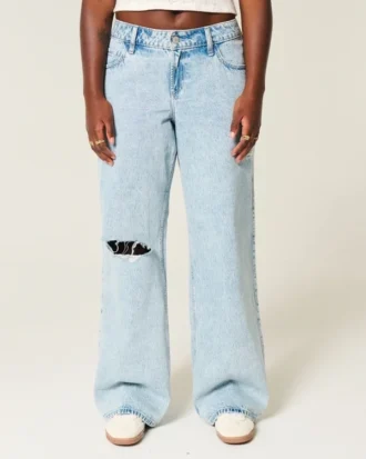 Curvy laag uitgesneden gescheurde lichtgewassen baggy jeans