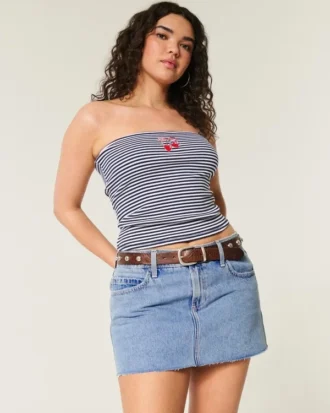 Curvy laag uitgesneden mini-rokje van medium gewassen denim