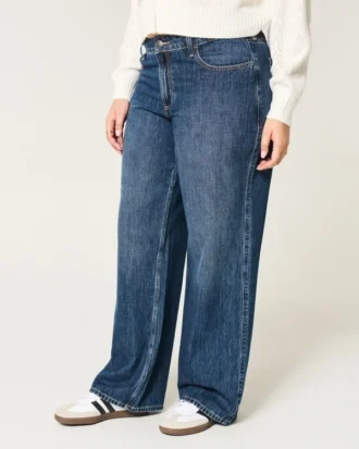 Curvy mid-rise baggy jeans met donkere wassing