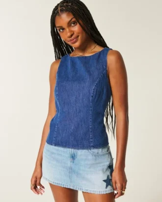 Denim top met open rug