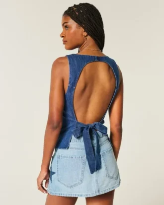 Denim top met open rug