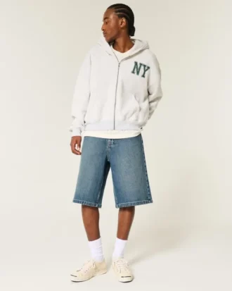Donkere superbaggy denim short tot onder de knie
