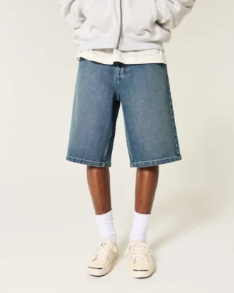 Donkere superbaggy denim short tot onder de knie