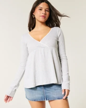 Easy babydolltop met lange mouwen en pointelle