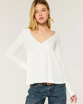 Easy babydolltop met lange mouwen en pointelle