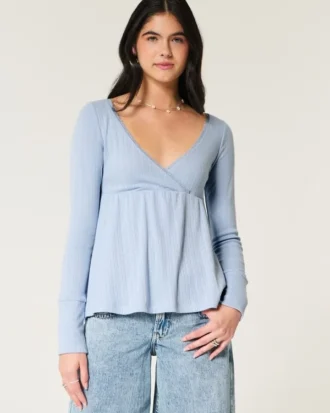 Easy babydolltop met lange mouwen en pointelle