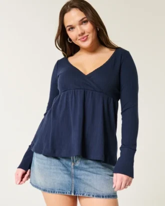 Easy babydolltop met lange mouwen en pointelle