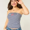 Geribbelde strapless geborduurde kersen tube top