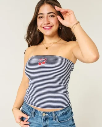 Geribbelde strapless geborduurde kersen tube top